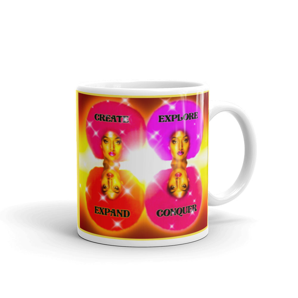 Create, Explore, Expand, Conquer White glossy mug